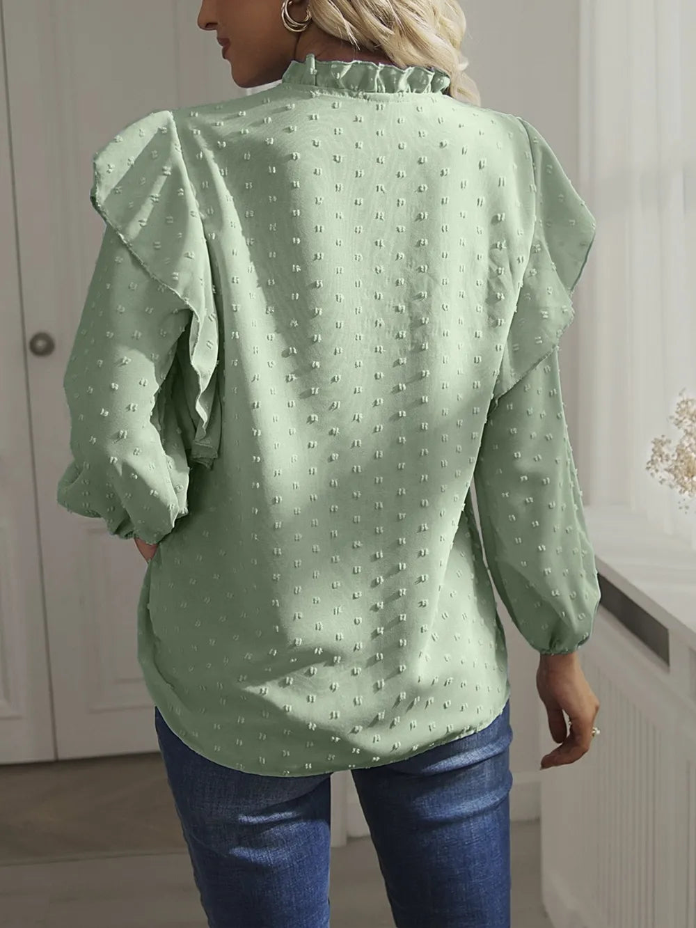Swiss Dot Ruffled Long Sleeve Blouse