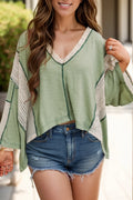 Lace Detail Contrast V-Neck Long Sleeve Blouse