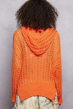 POL Openwork Round Neck High Low Knit Top