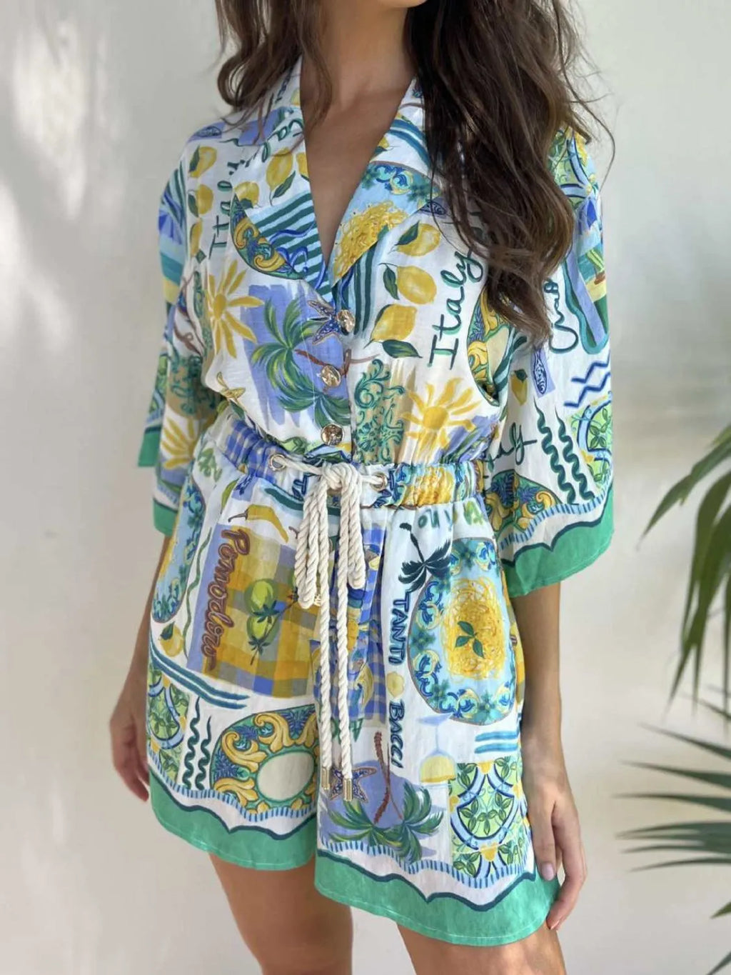 Printed Collared Neck Half Sleeve Romper