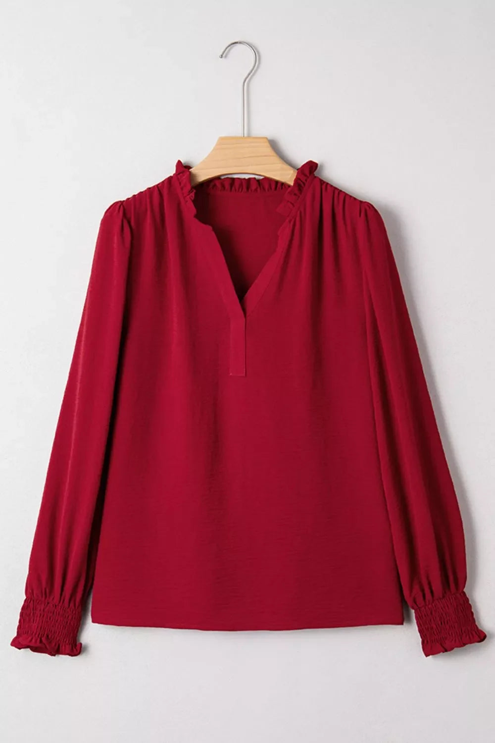 Notched Neck Shirred Cuff Long Sleeve Blouse