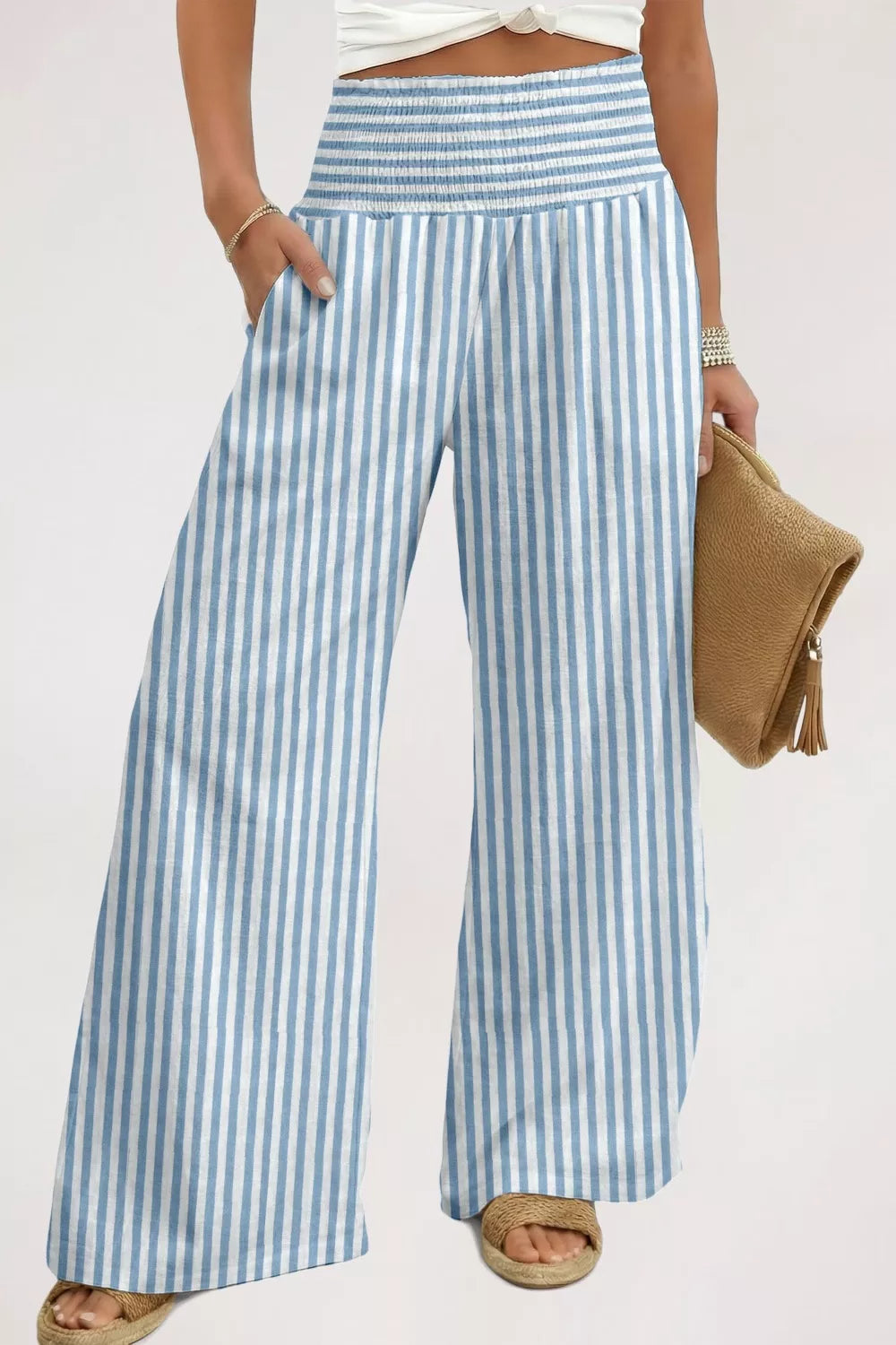 Striped Wide-Leg Pants with Smocked Waist