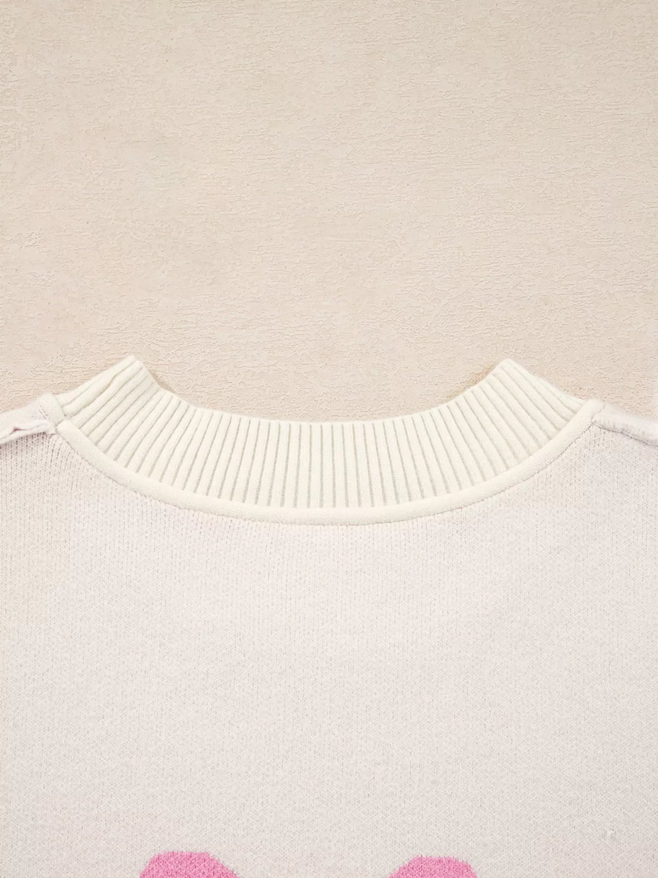 Bow Print Ribbed Trim Exposed Seam Drop Shoulder Loose Sweater
