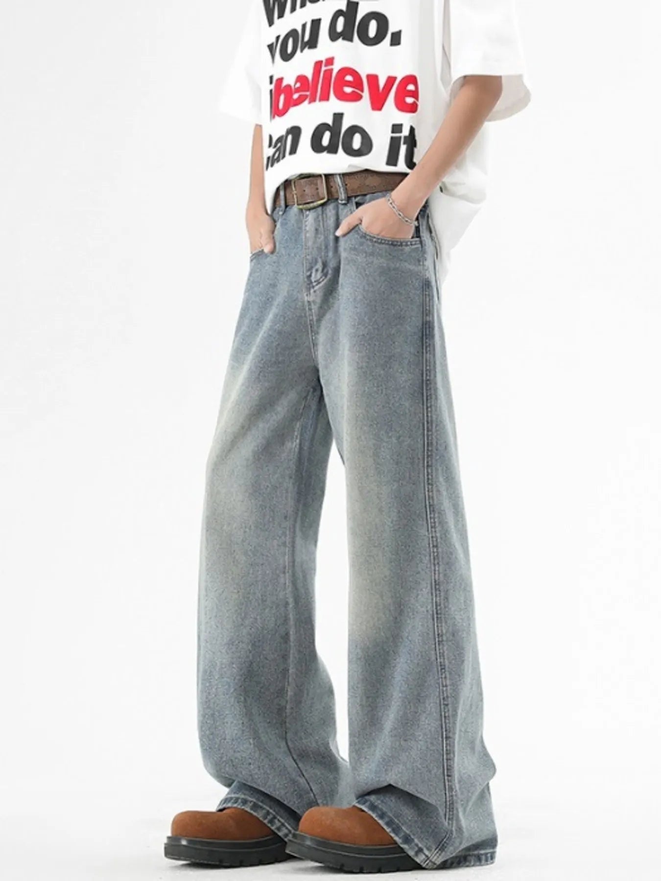 Men's Plus Size Washed Wide Leg Jeans