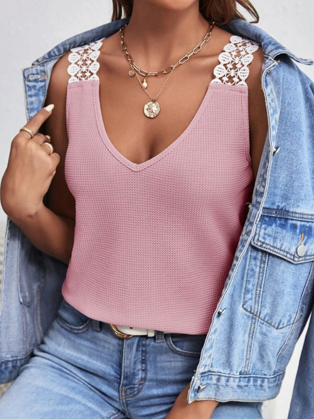 Full Size Lace Trim V-Neck Waffle Knit Tank Plus Size