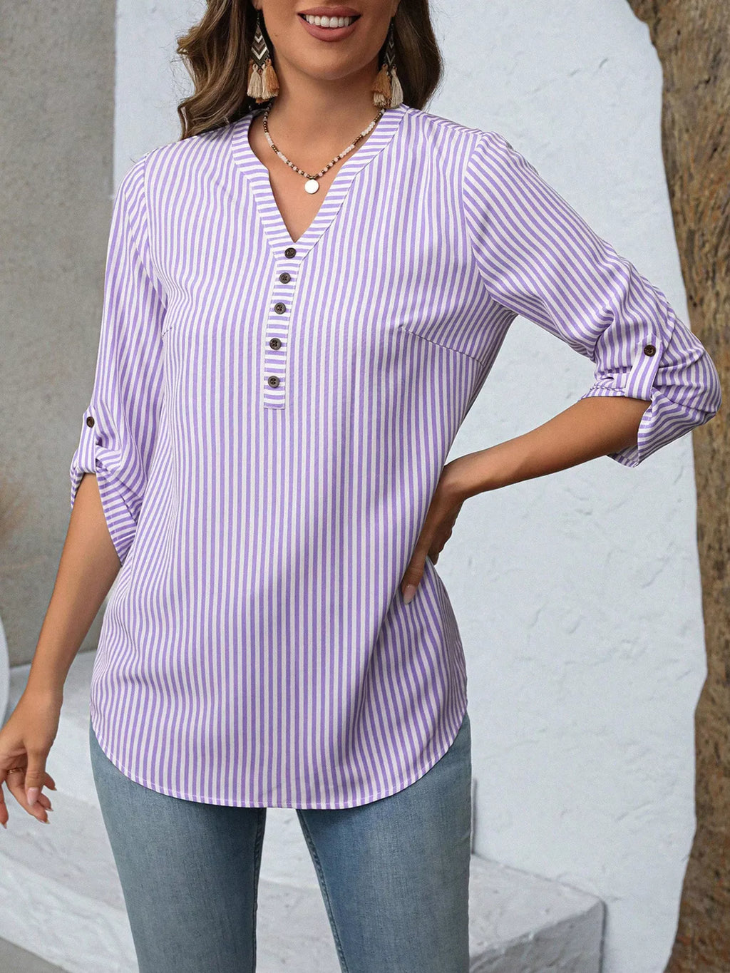 Striped V-Neck Roll-Up Sleeve Blouse
