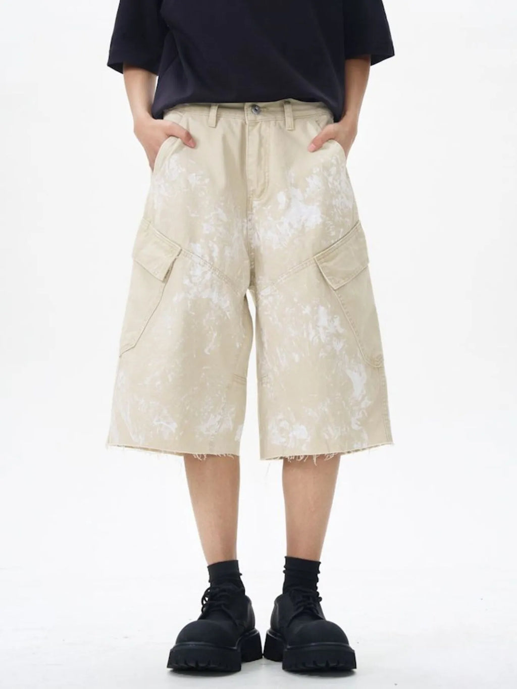Men's Paint Splattered Cargo Bermuda Shorts with Distressed Edge Detail