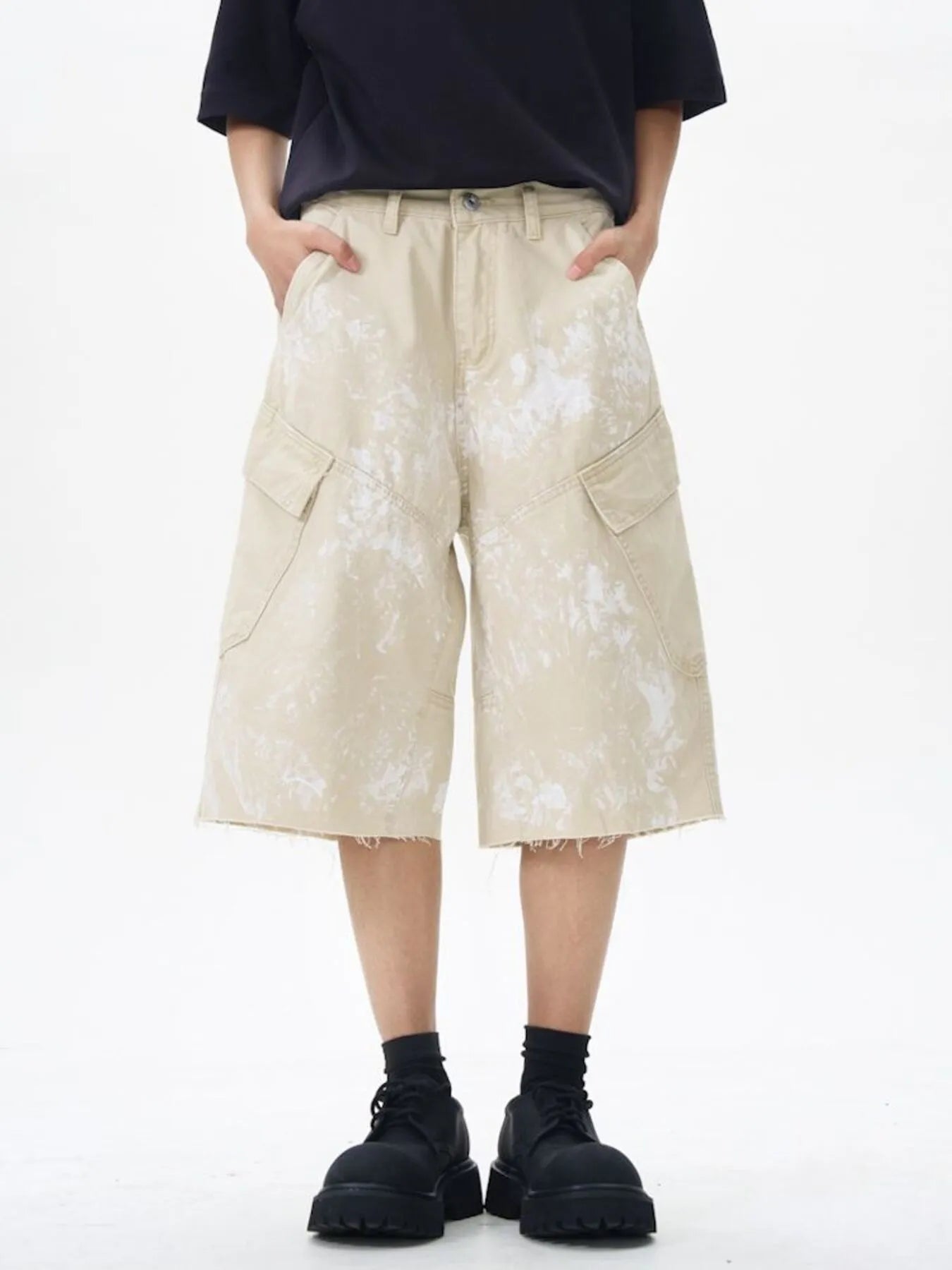 Men's Paint Splattered Cargo Bermuda Shorts with Distressed Edge Detail