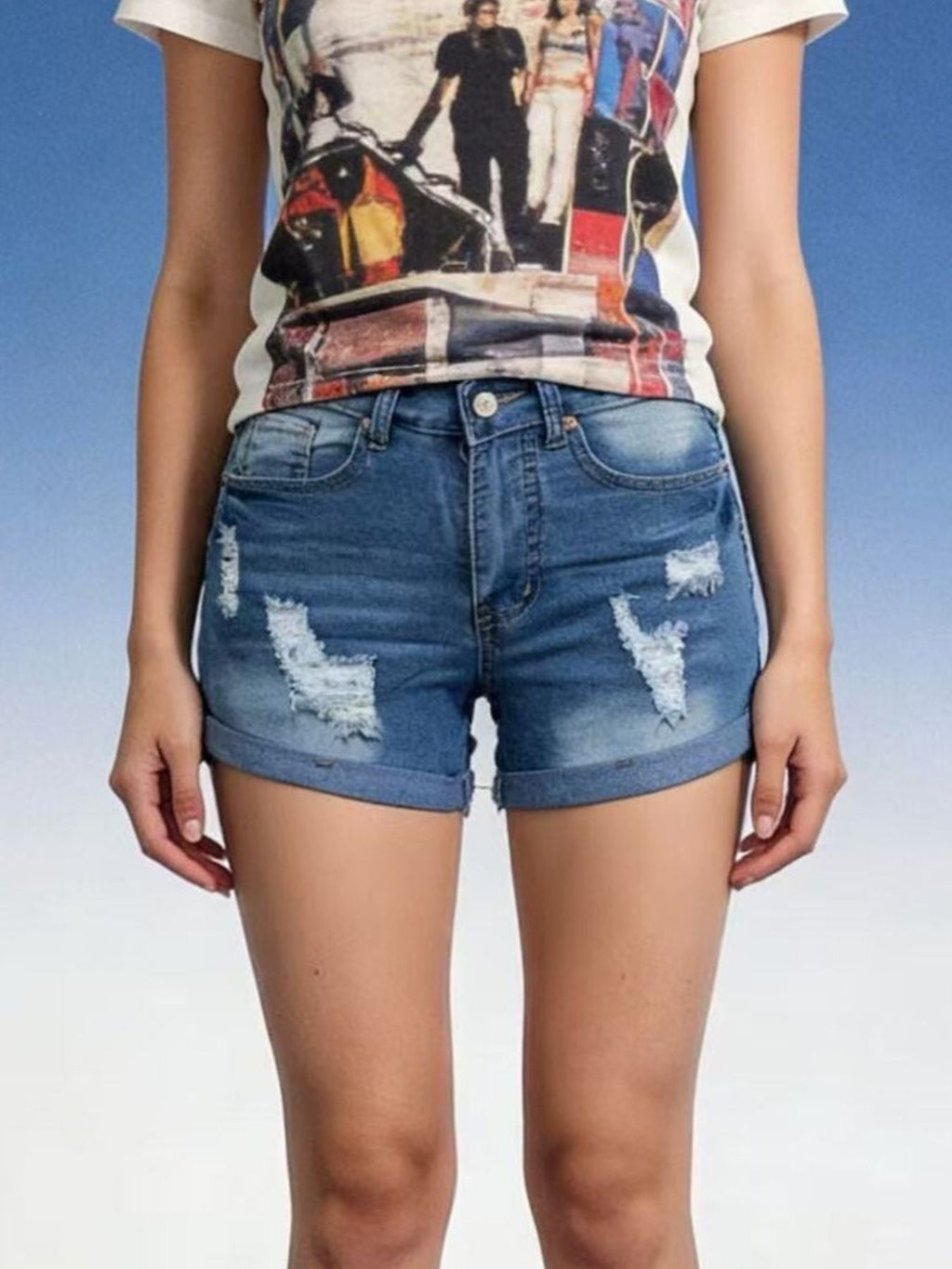 Distressed Wash Denim Shorts