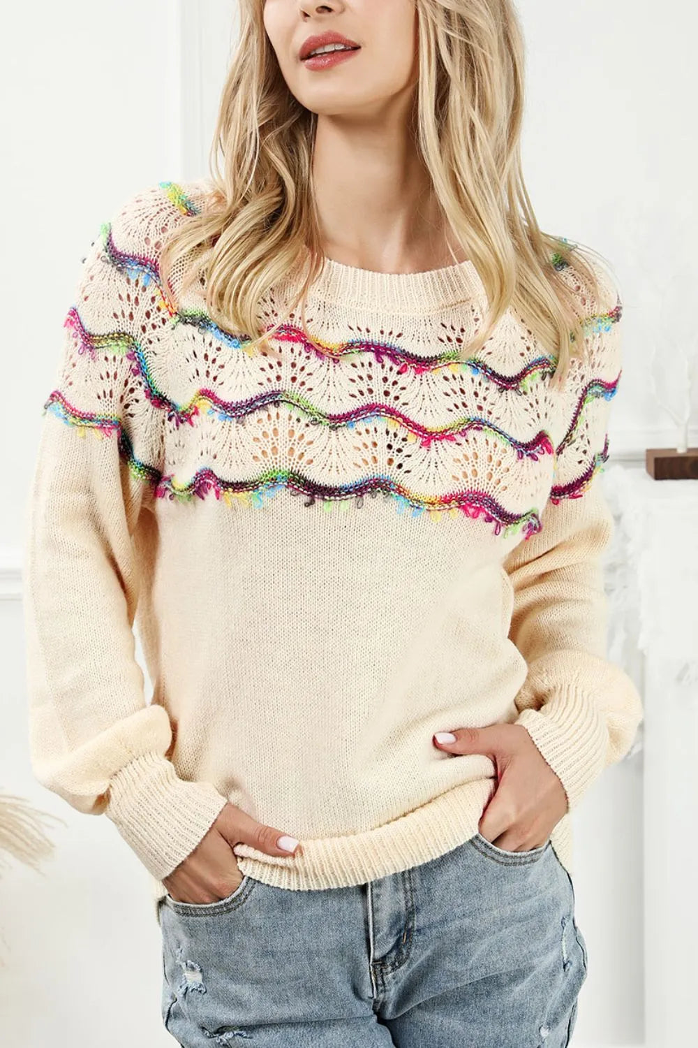 Openwork Wavy Striped Round Neck Sweater