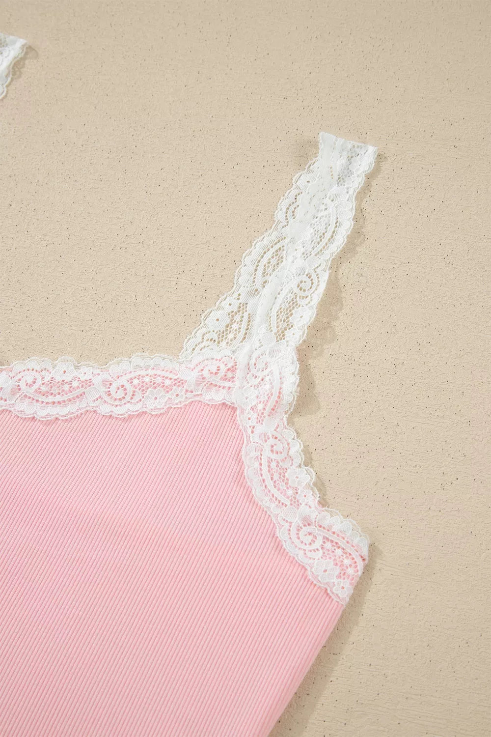 Ribbed Knit Lace Straps Patchwork Lettuce Hem Cropped Top Floral Short Lounge Set