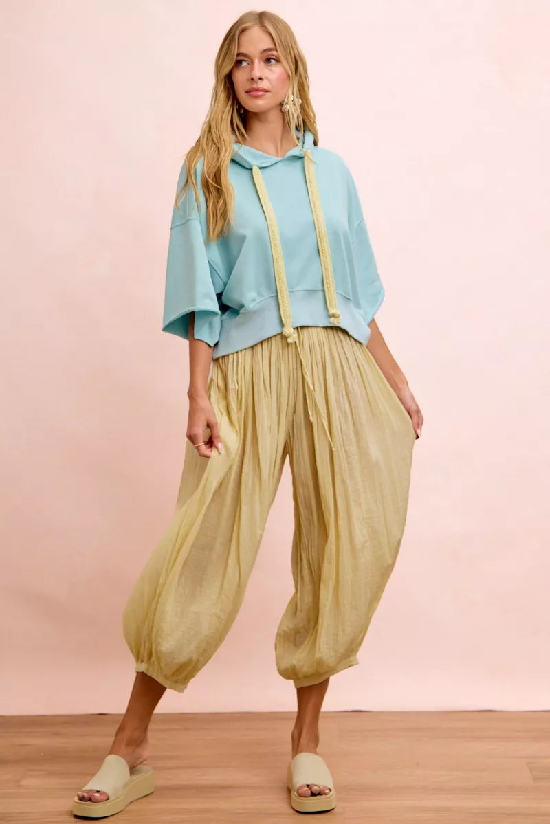 BiBi Washed Terry Short Sleeve Drawstring Hoodie Top