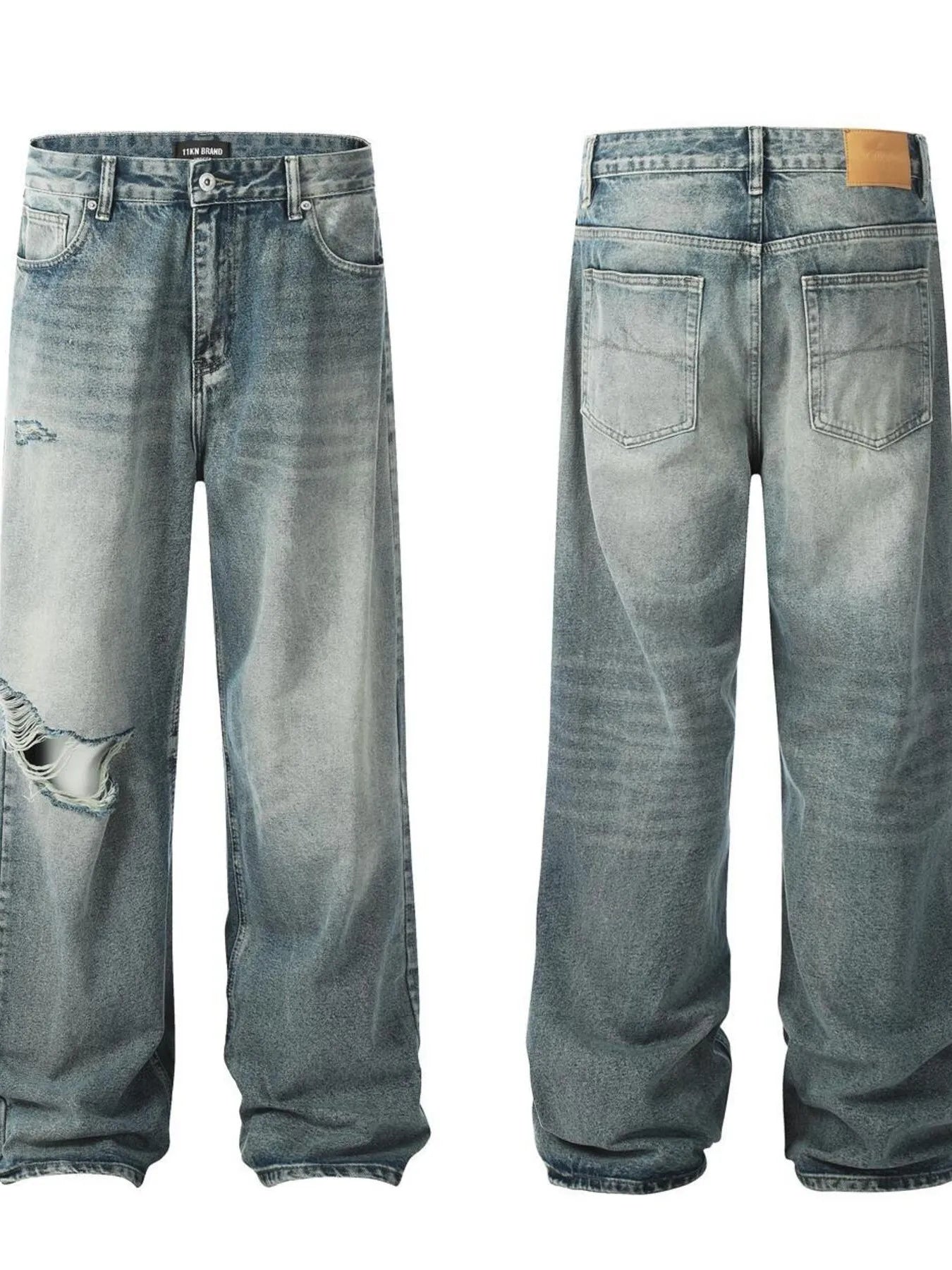 Men's Distressed Wide Leg Vintage Wash Jeans