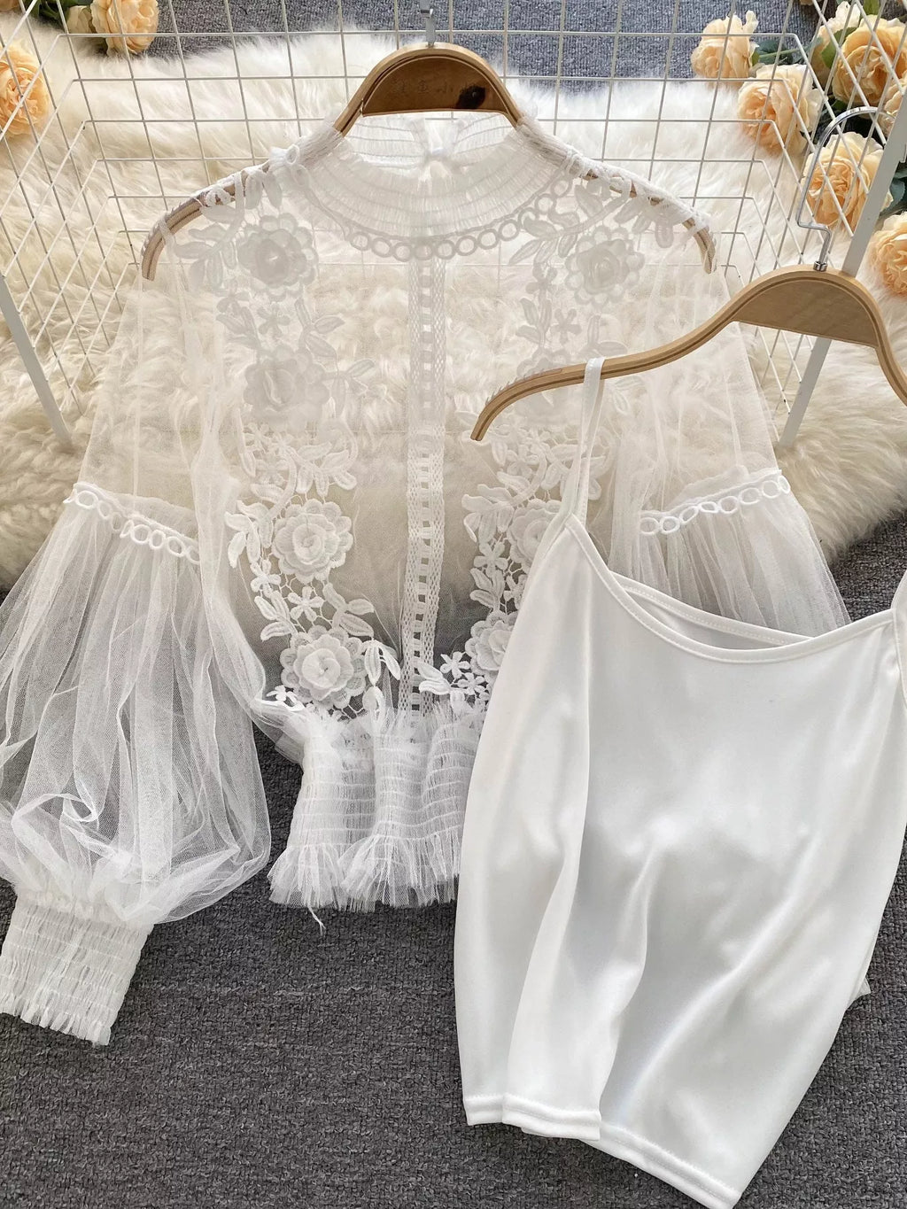 Floral Lace Blouse & Cami Set