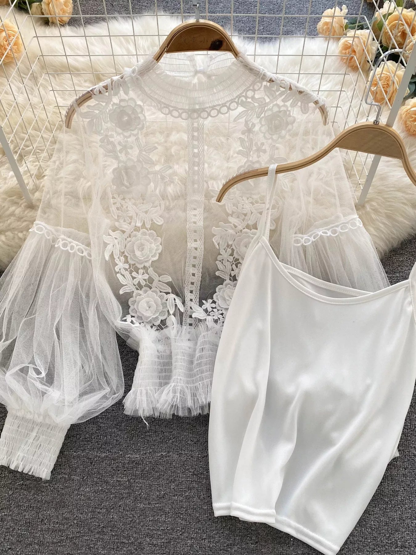 Floral Lace Blouse & Cami Set