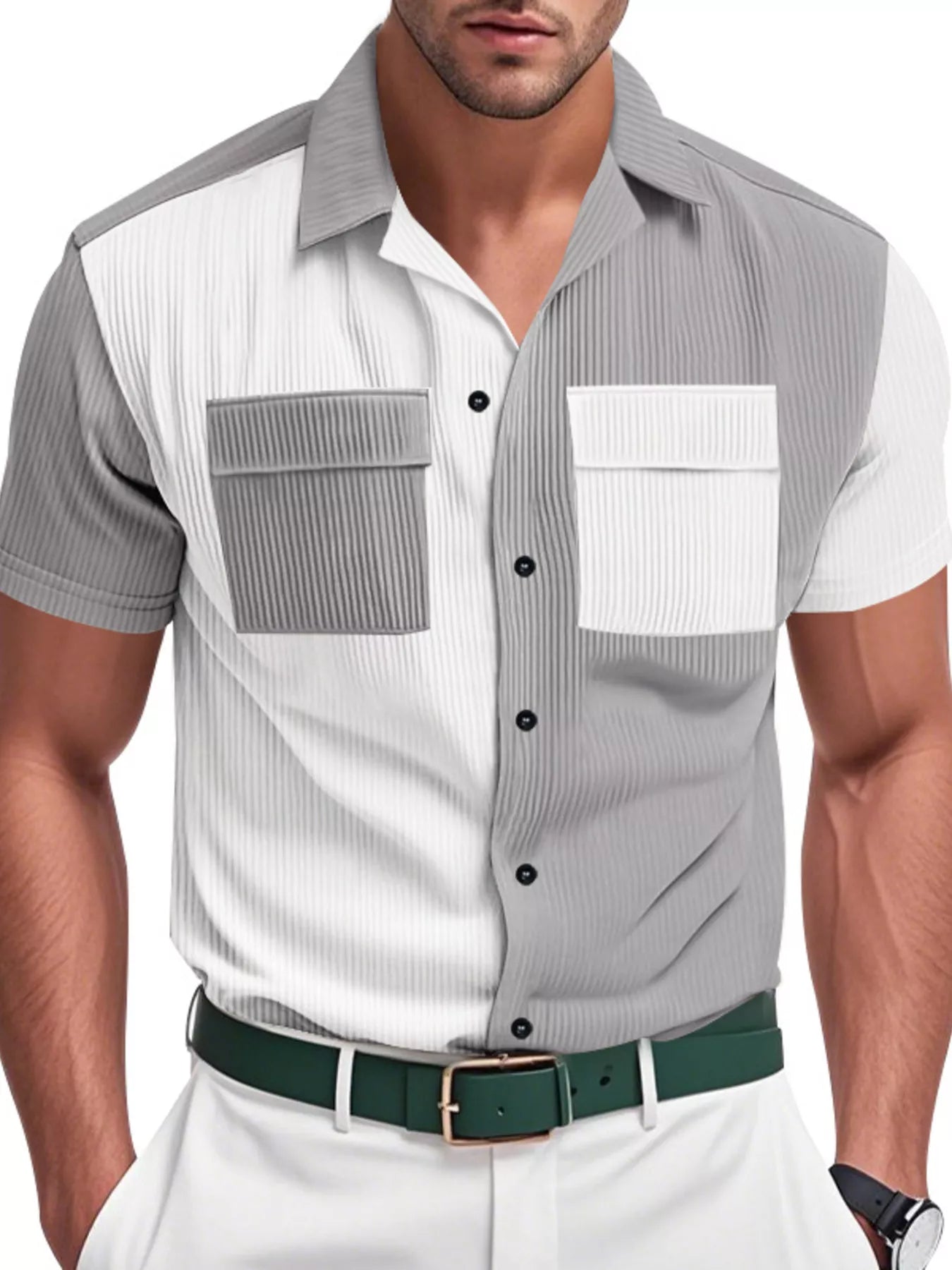 Men's Full Size Two-Tone Textured Short Sleeve Shirt Plus Size
