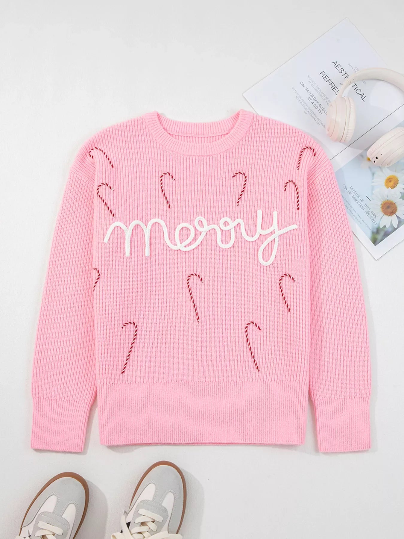 Merry Candy Cane Christmas Crew Neck Sweater