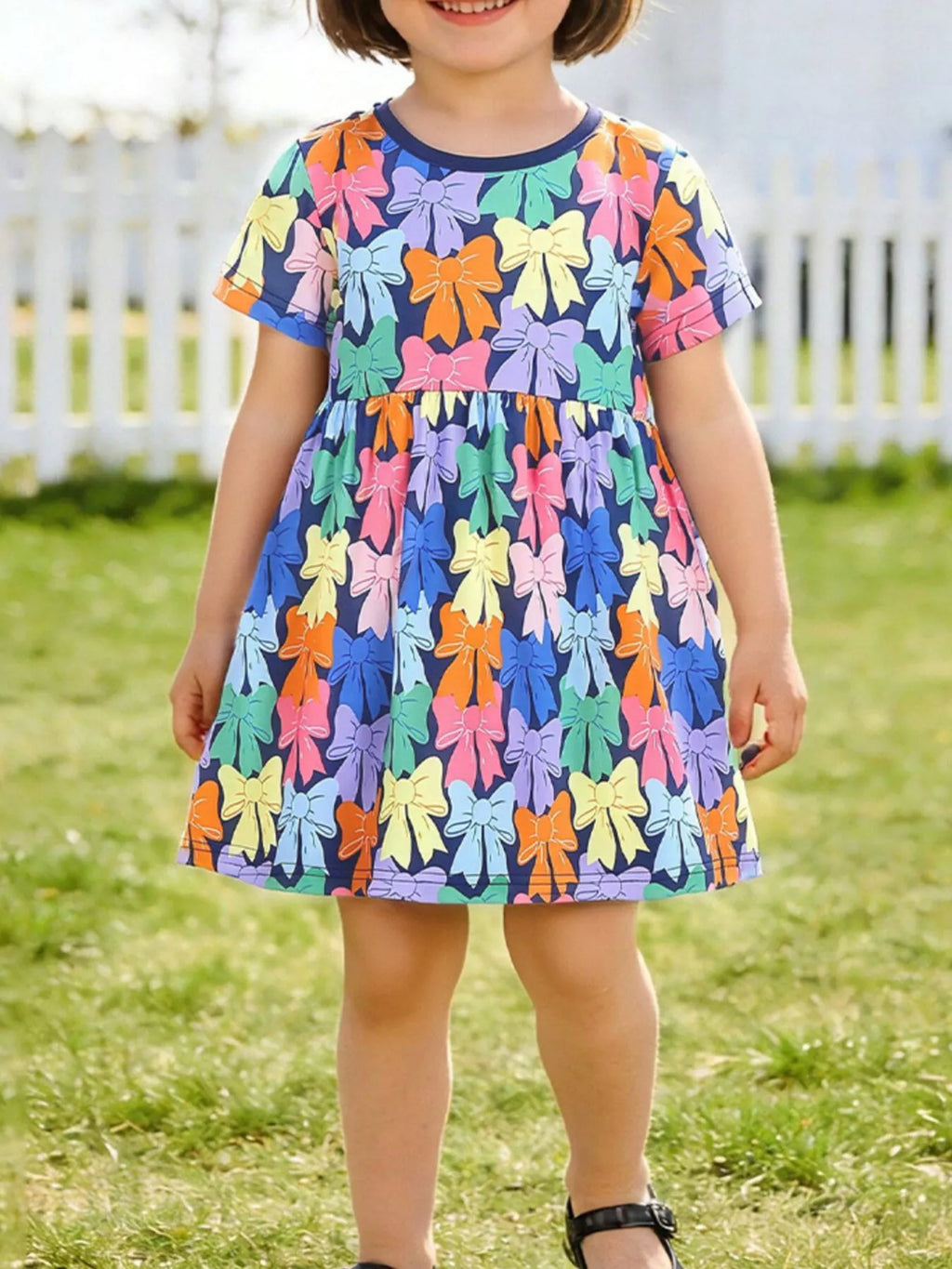 Children's Colorful Bow-Print Casual Dress