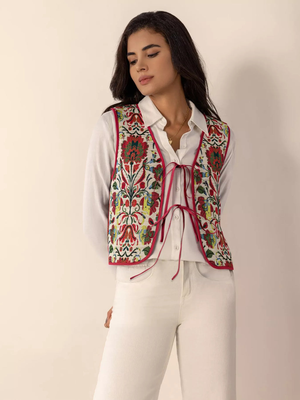 Floral Embroidered Tie-Front Vest Coat