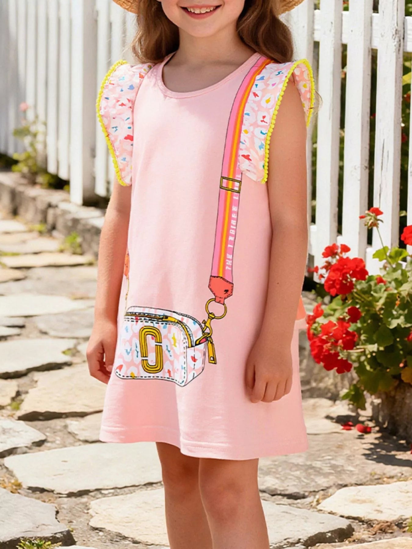 Children's Cartoon Bag Print Ruffled Dress