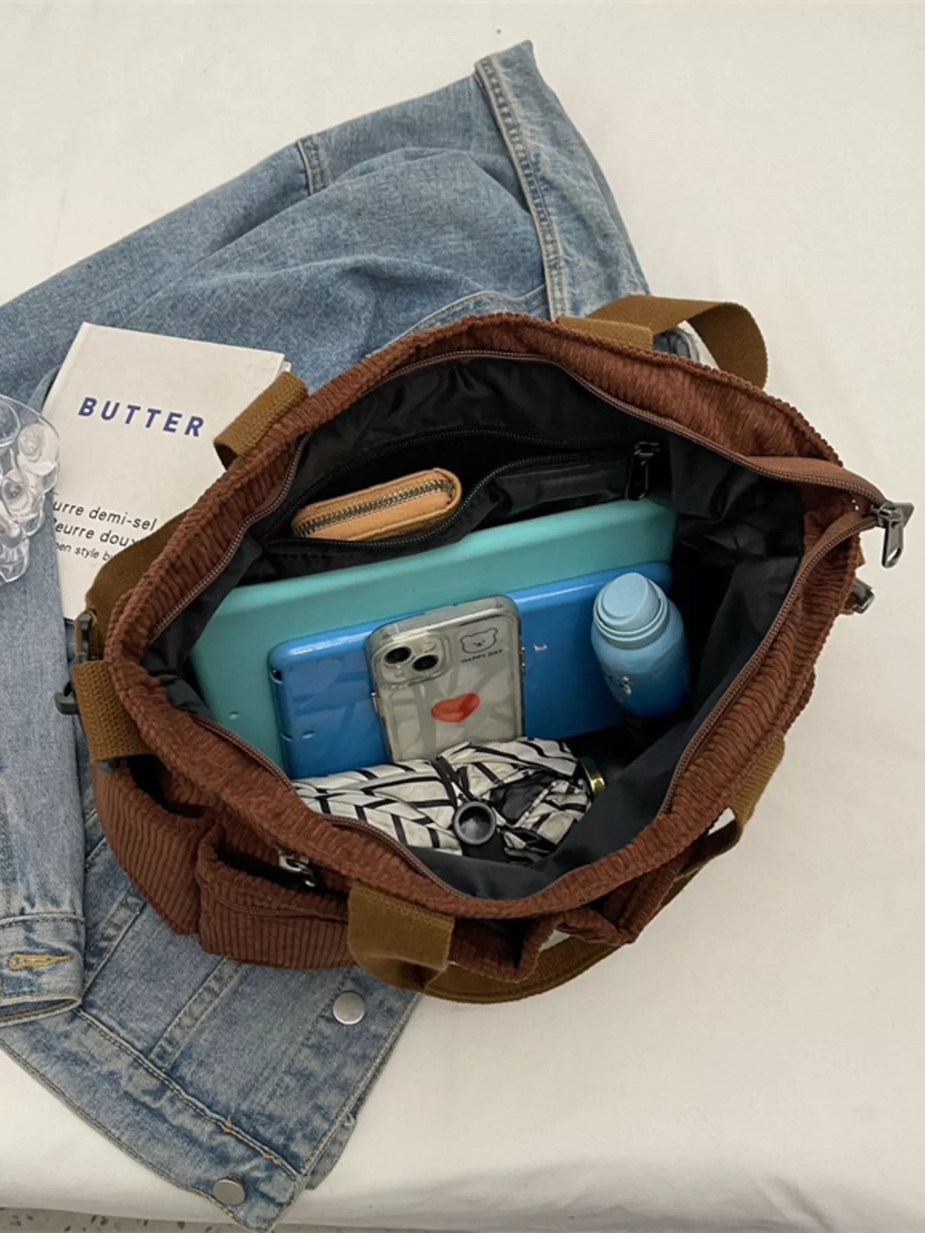 Corduroy Multi-Pocket Crossbody Bag