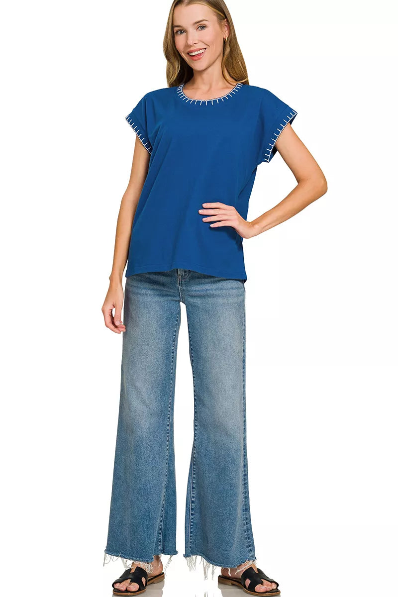 Zenana Stitch Detailed Oversize Top