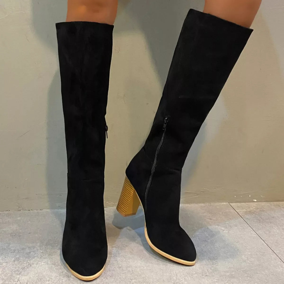 Point Toe Knee-High Suede Block Heel Boots
