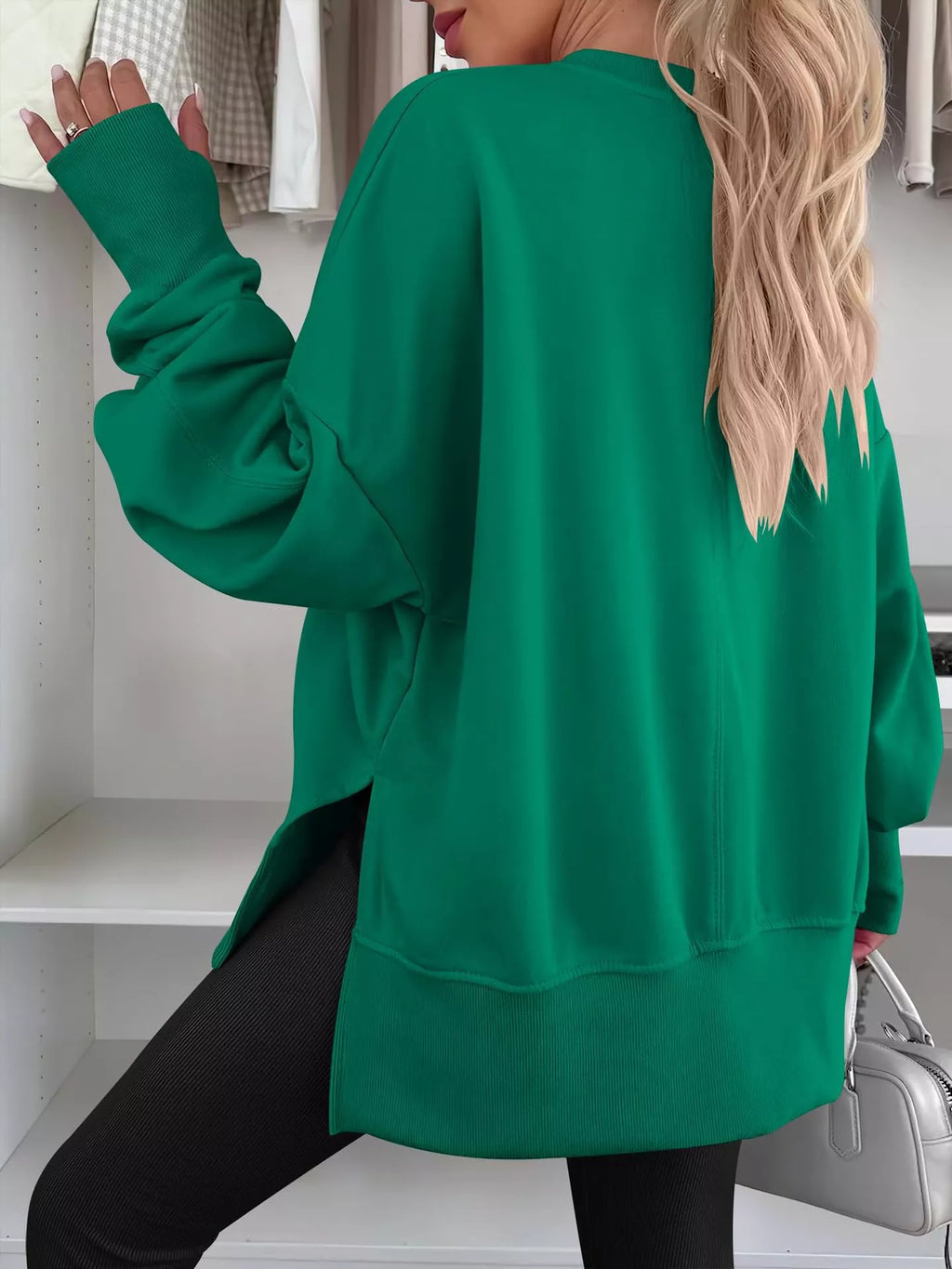 Side Slit Round Neck Long Sleeve Sweatshirt