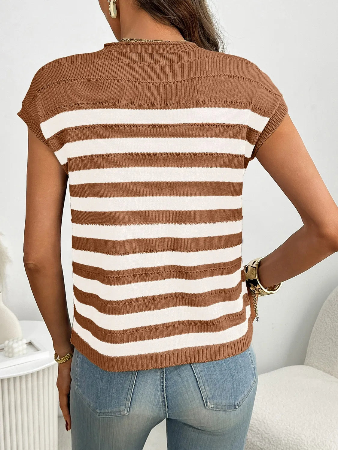 Striped Mock Neck Cap Sleeve Knit Top