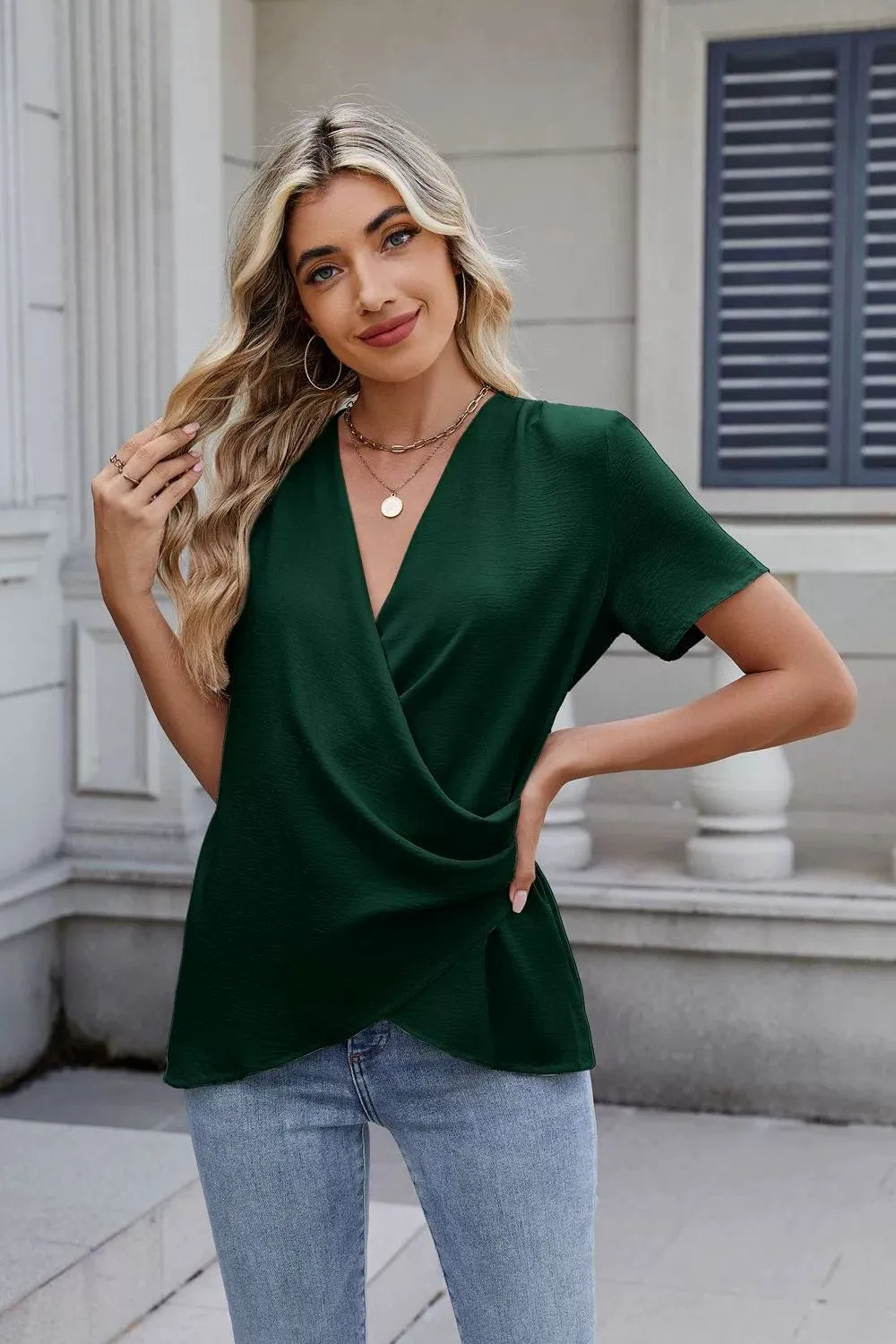 Solid Color Surplice Short Sleeve Blouse