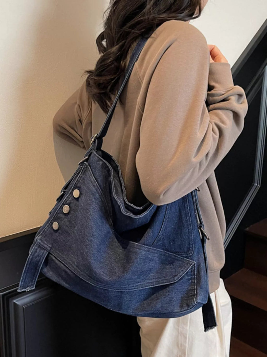 Casual Denim Crossbody Bag with Button Detail