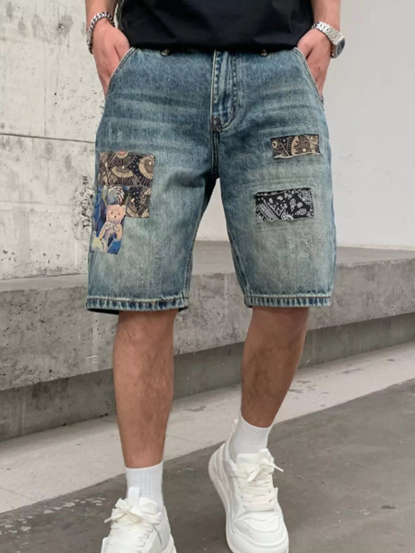 Men's Patchwork Graphic Denim Shorts