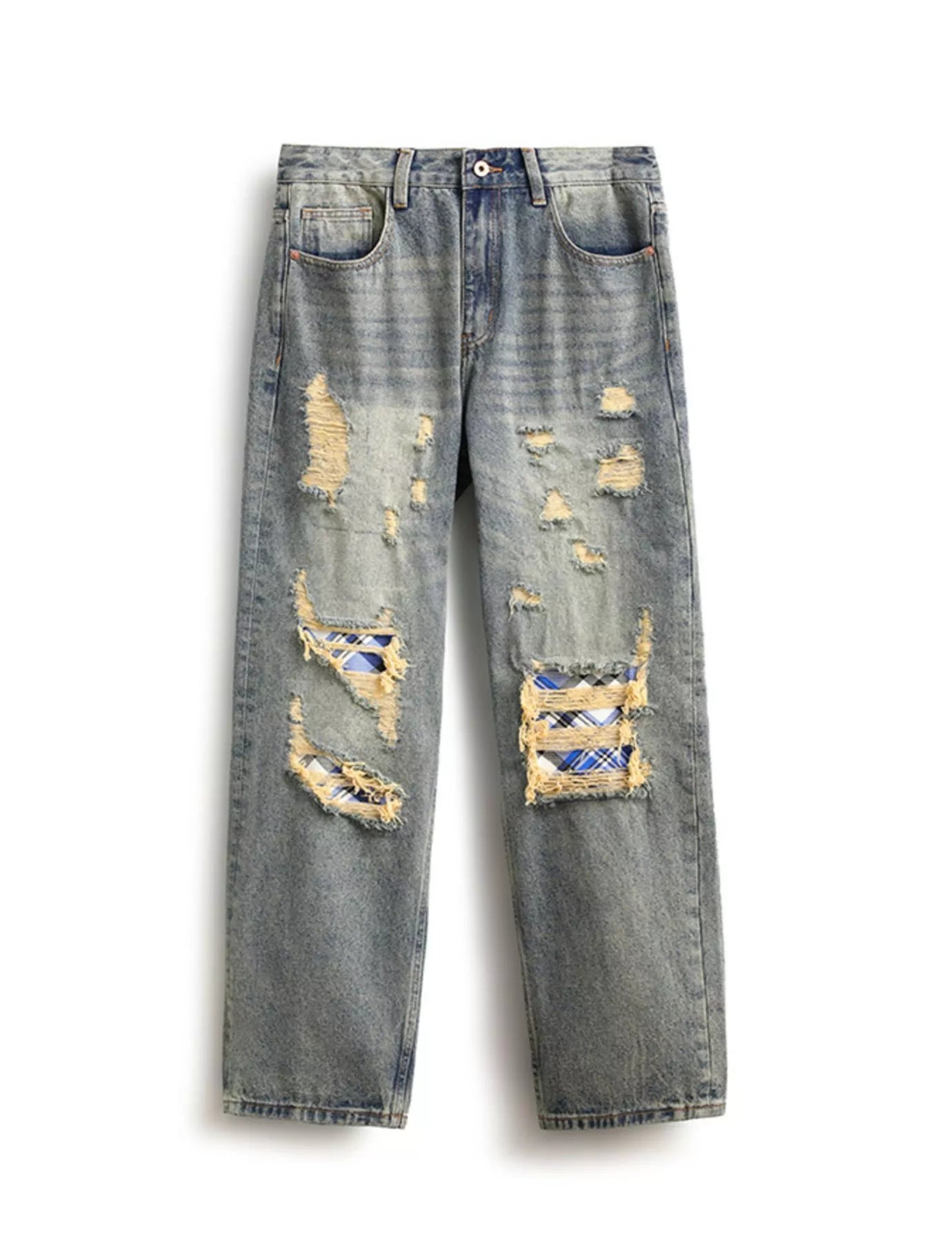 Men's Distressed Plaid Patch Wide Leg Jeans