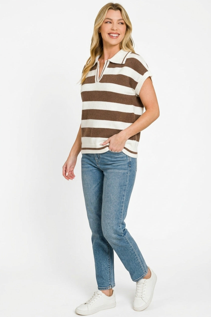 Zenana Striped Collared Short Sleeve Sweater