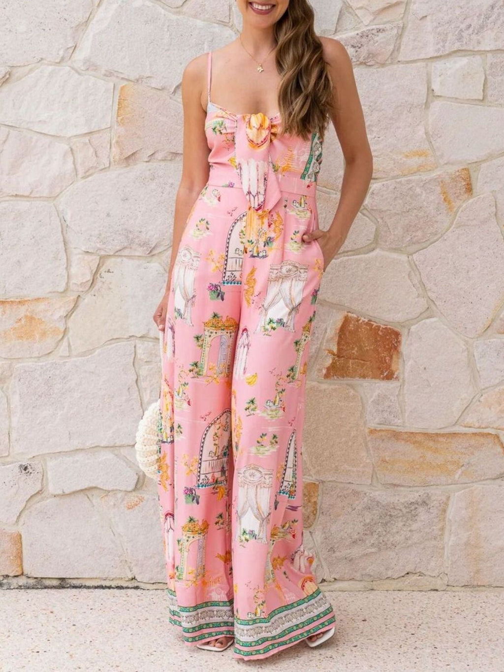 Printed Tie-Front Wide Leg Jumpsuit