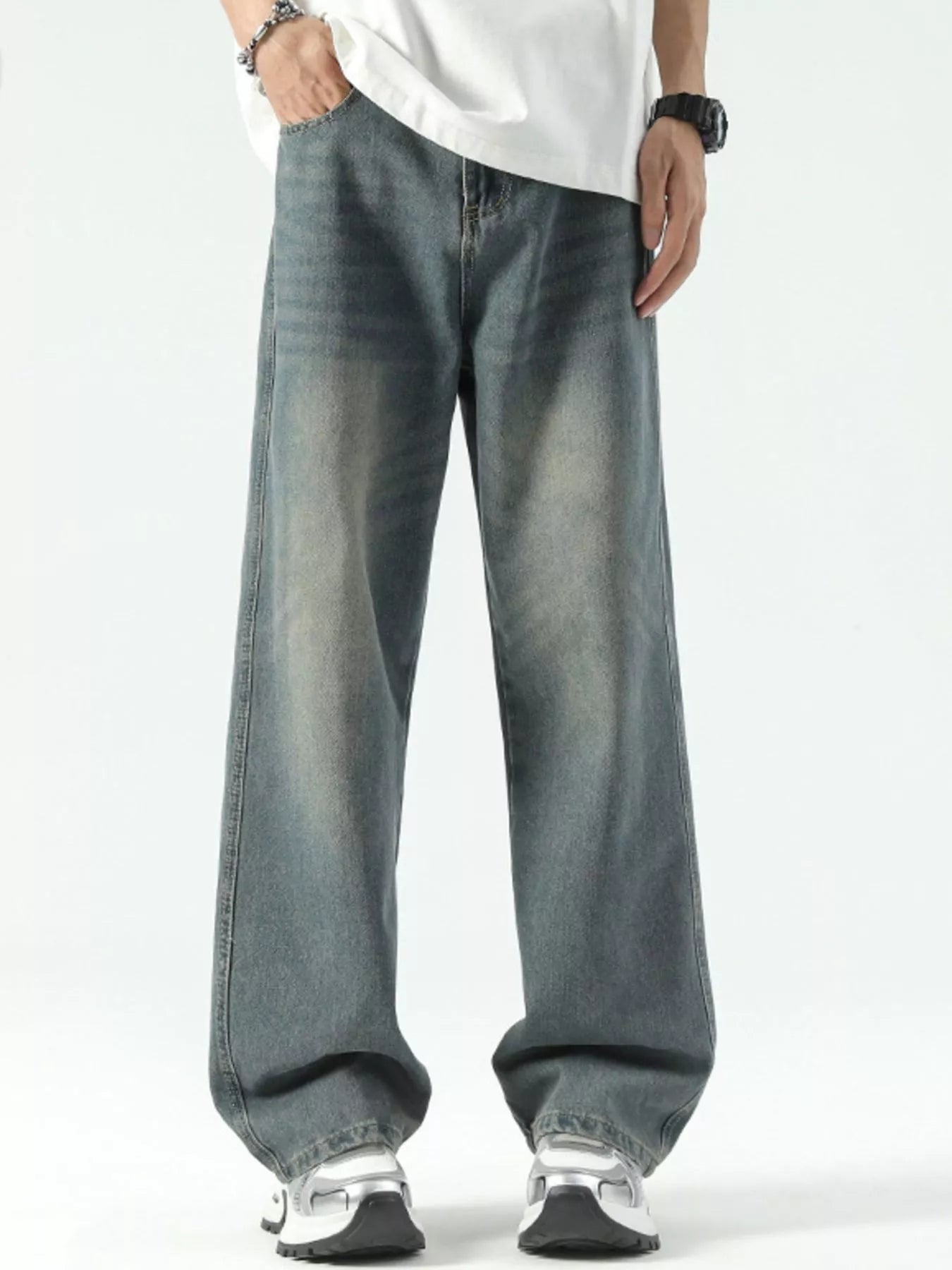 Men's Full Size Vintage Wash Wide Leg Jeans Plus Size