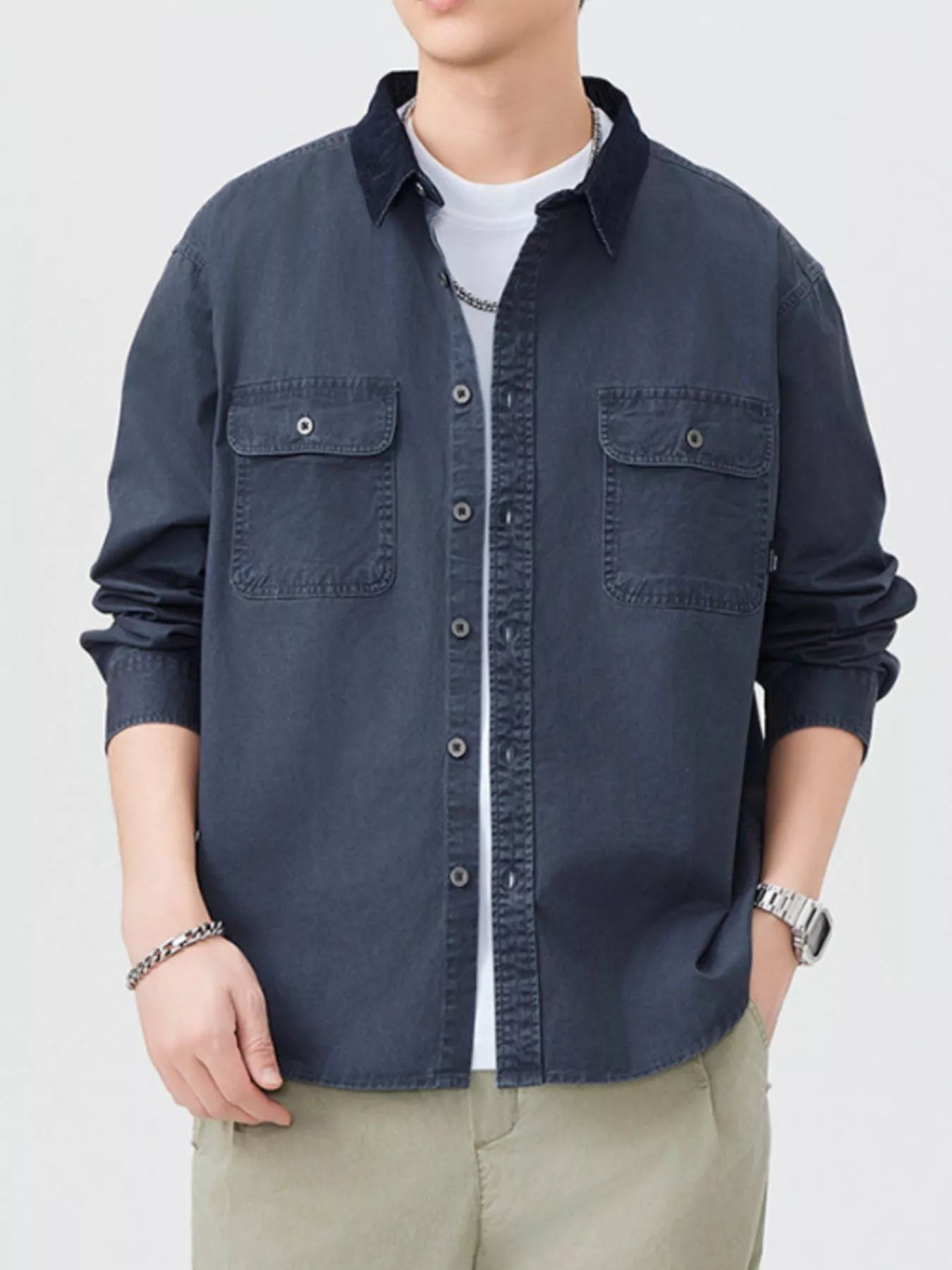 Men's Plus Size Button Up Shacket with Dual Chest Pockets