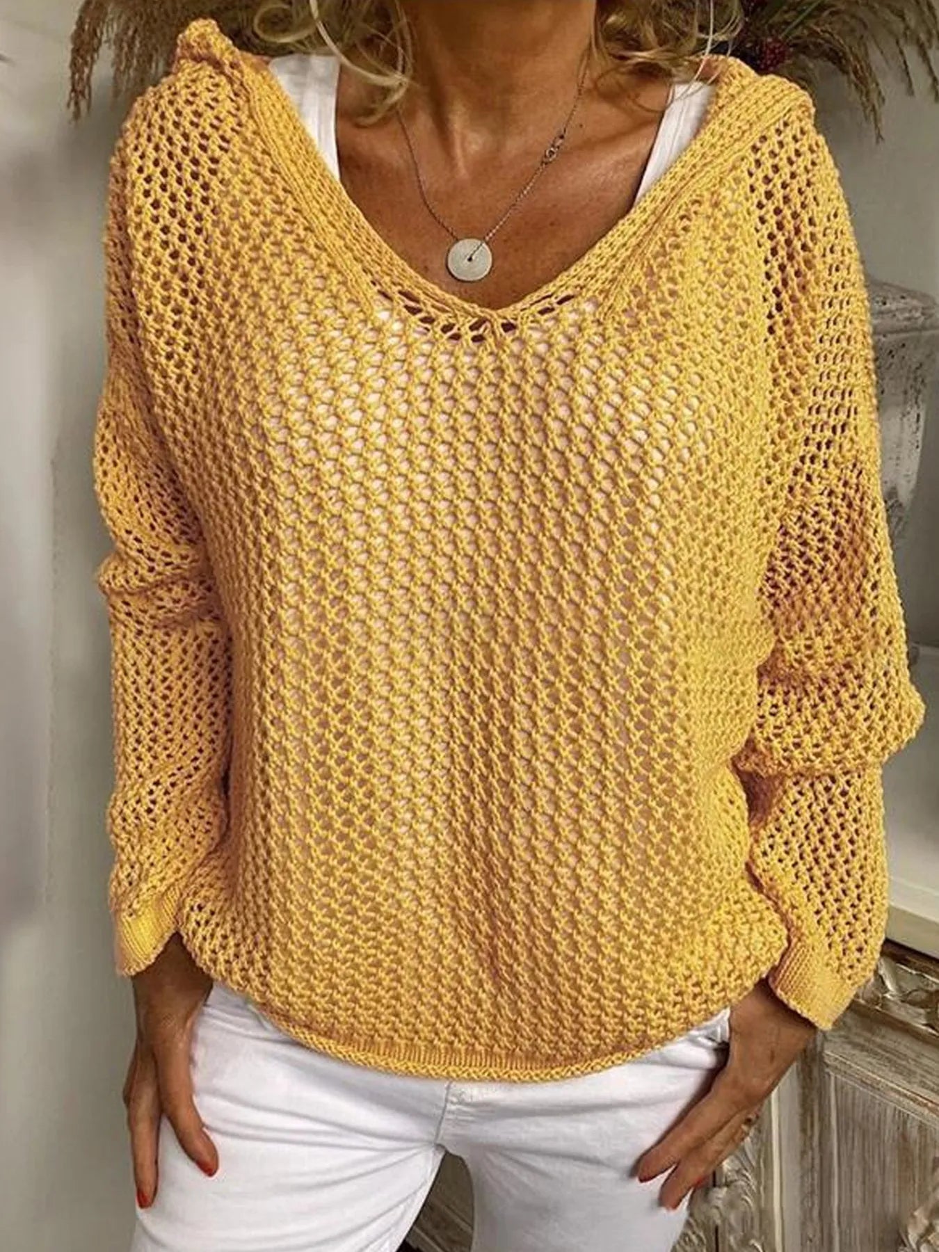 Openwork Long Sleeve Hooded Knit Cover Up