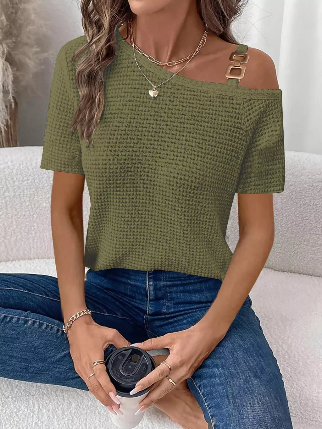 One-Shoulder Chain Detail Waffle Knit T-Shirt