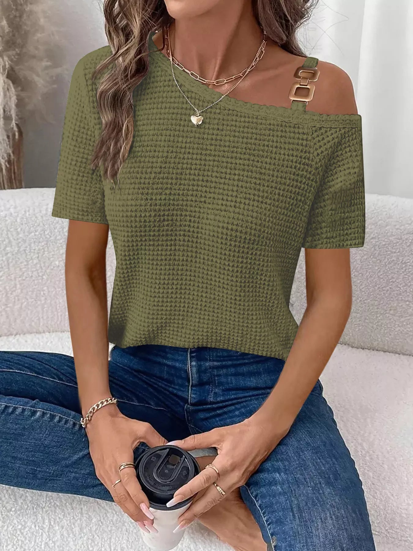 One-Shoulder Chain Detail Waffle Knit T-Shirt
