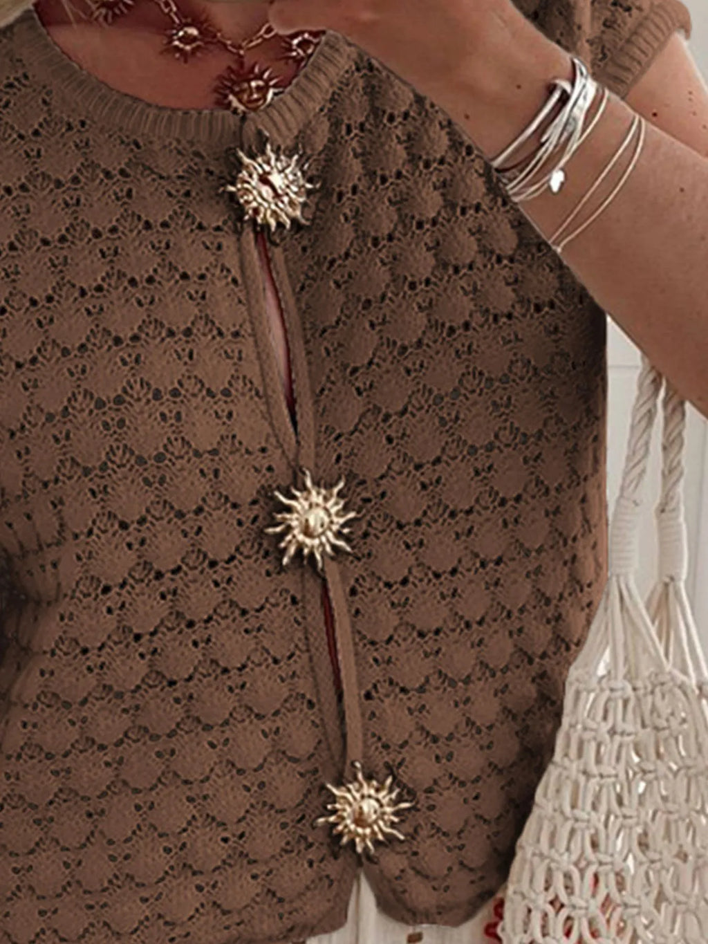 Crochet Short Sleeve Button Front Cardigan