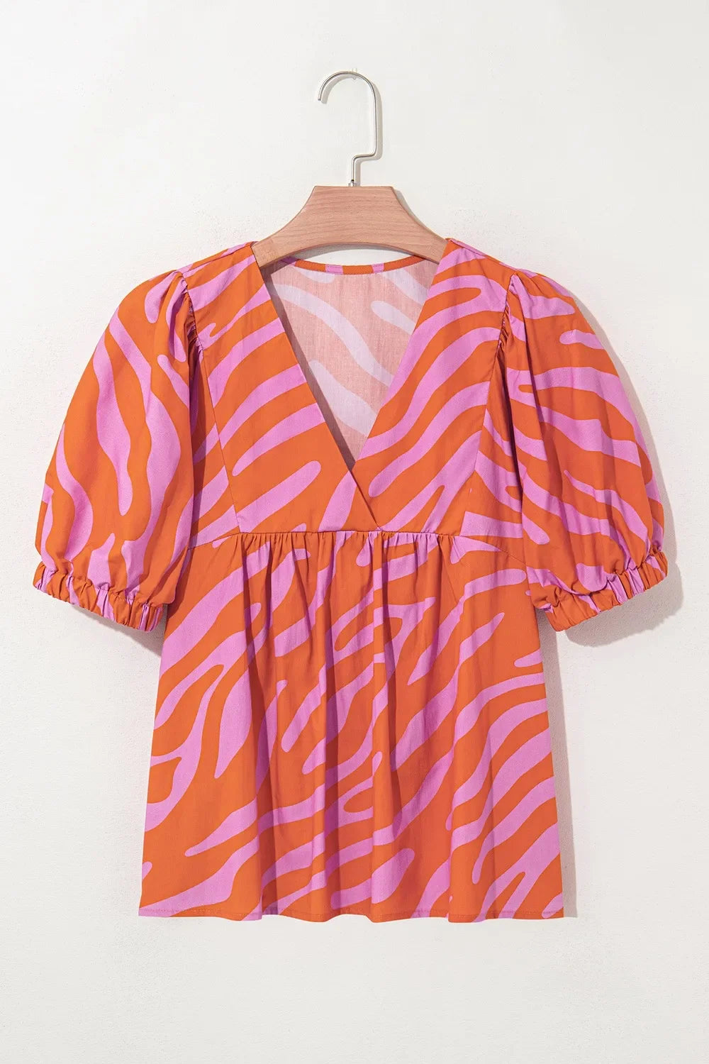 Zebra Stripe Print Ruched Cuff Half Sleeve V Neck Blouse