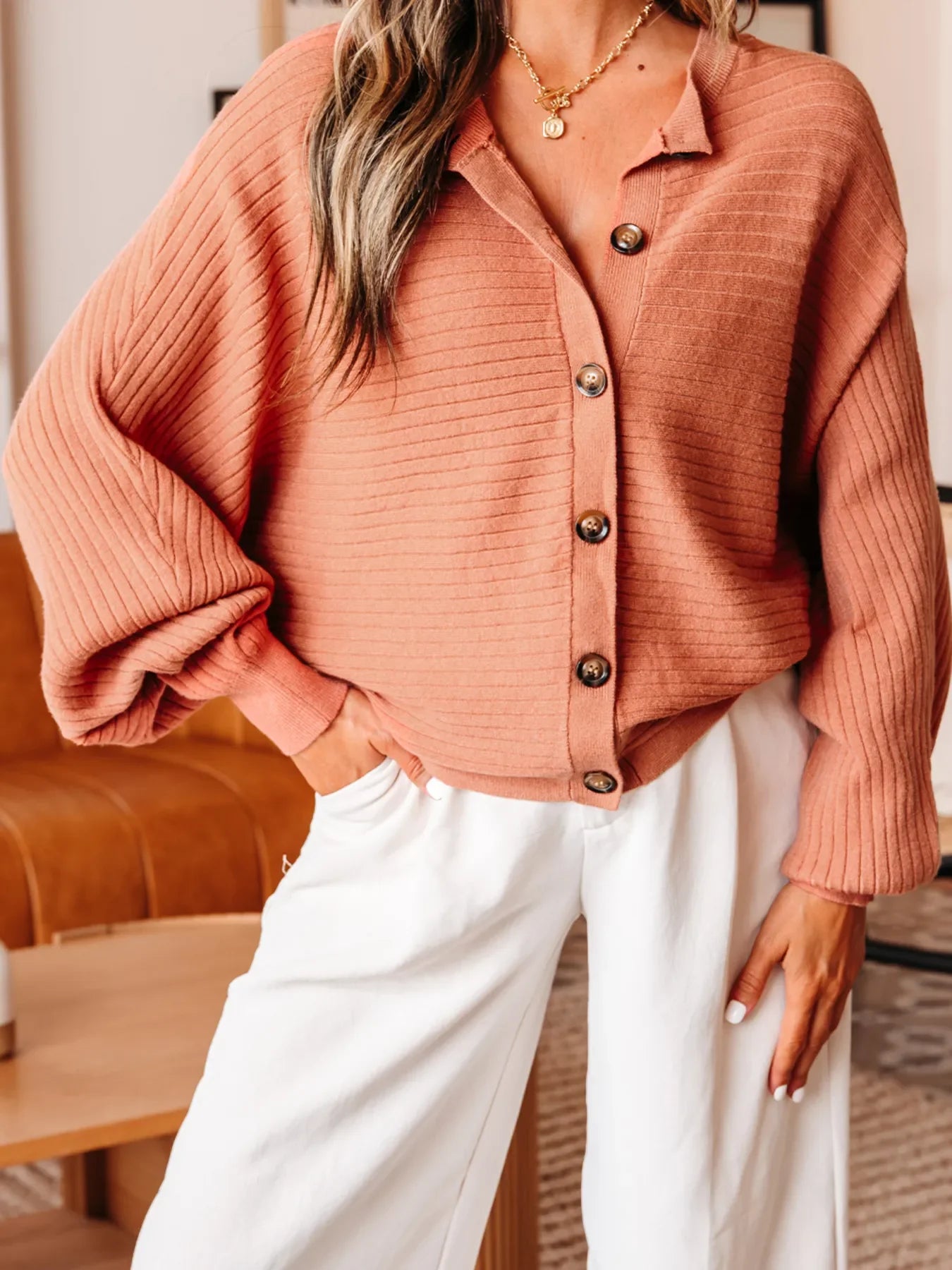 Rib Knit Button Front Dolman Sleeve Sweater Cardigan