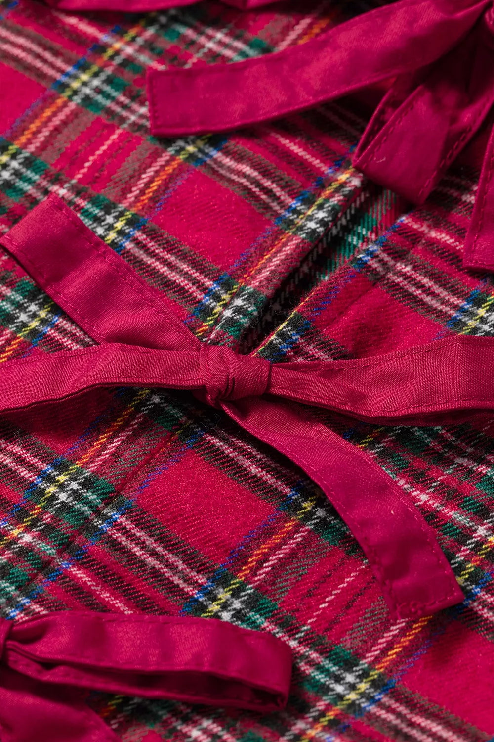 Plaid Tie Neck Ruffle Cuffs Long Sleeve Shift Blouse