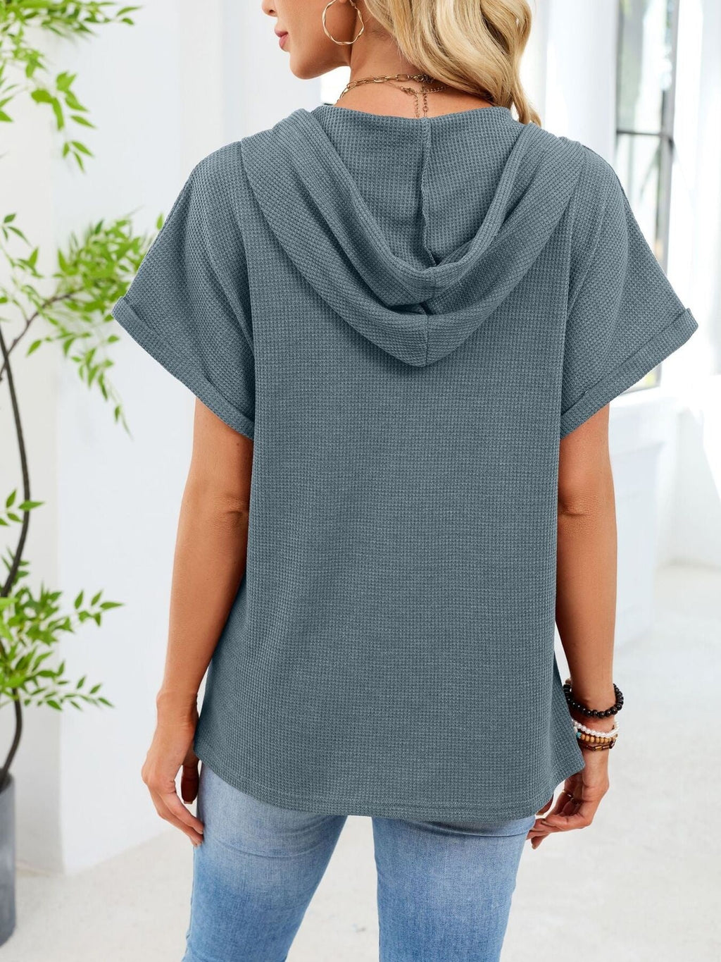Casual Waffle Knit Button Detail Hooded Top