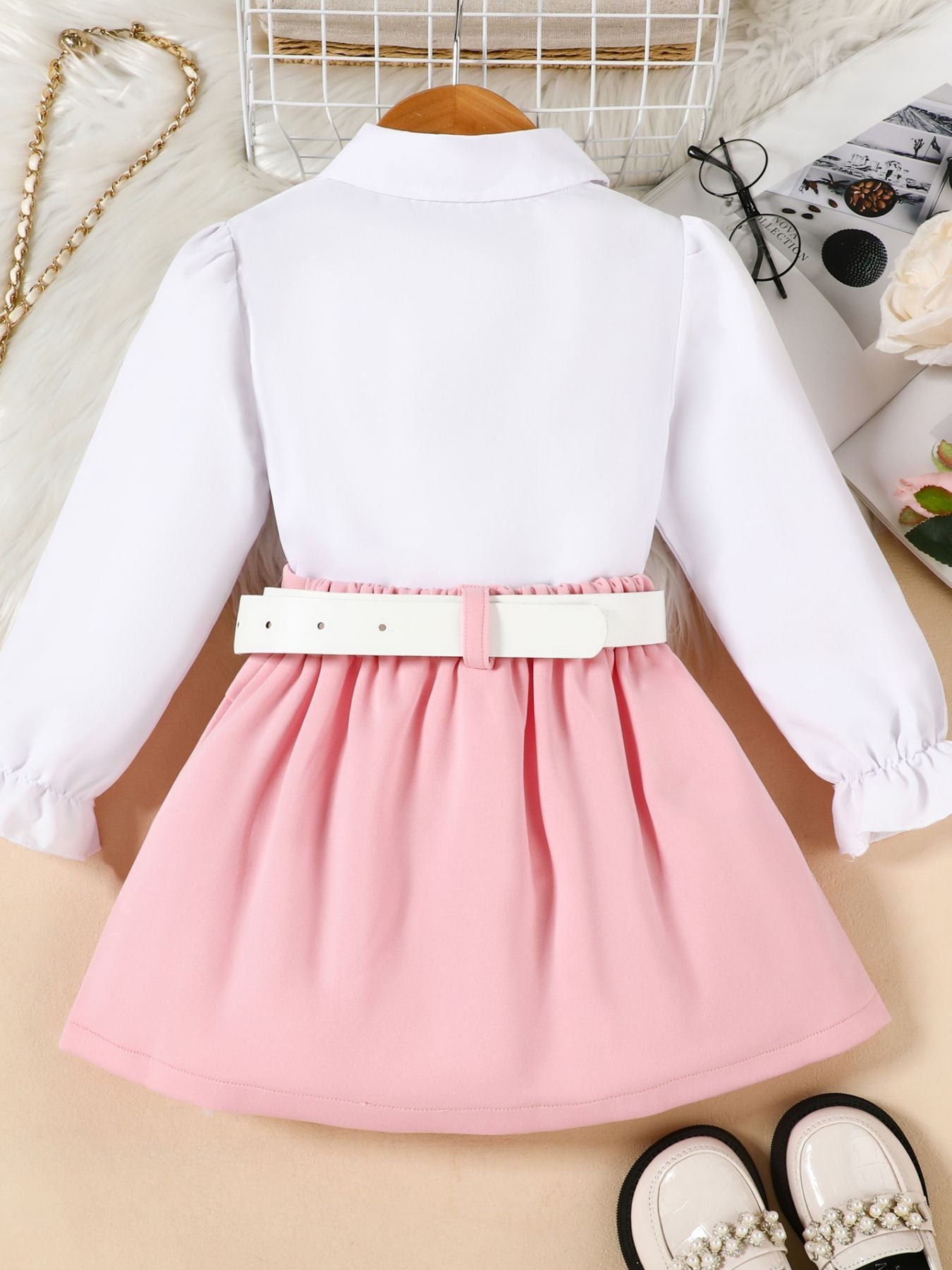 Children's Long Sleeve Shirt & Pleated Skirt Set with Belt