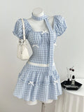 Plaid Puff Sleeve Blouse and Skirt Set