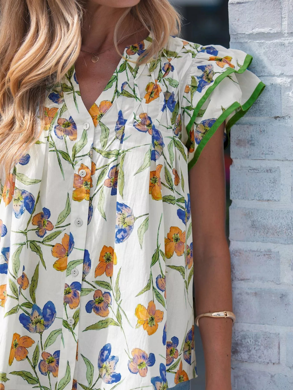 Floral Print Ruffle V-Neck Pressed Pleats Binding Tape Cotton Blouse