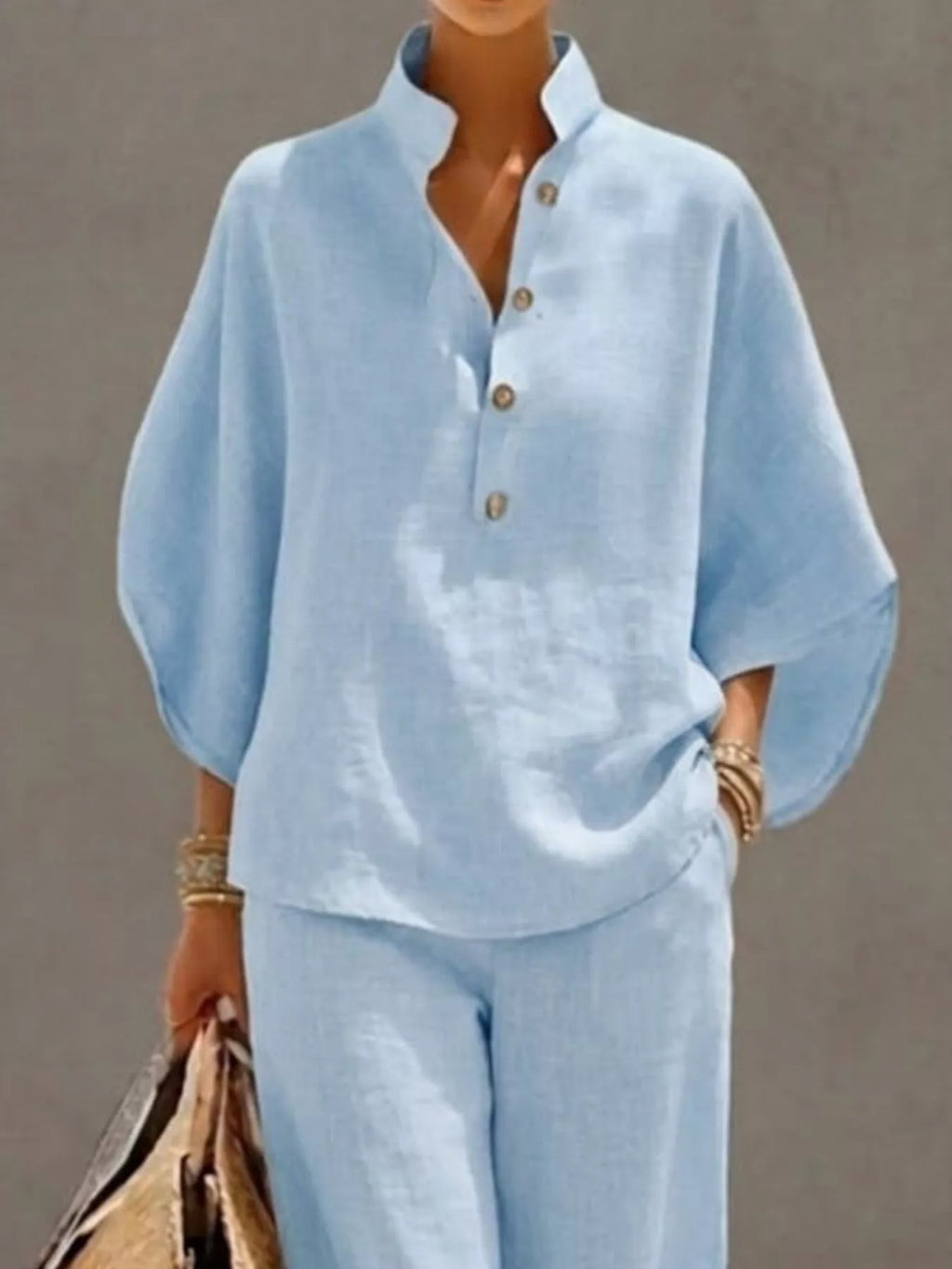 Full Size Button Detail 3/4 Sleeve Top and Pants Set Plus Size