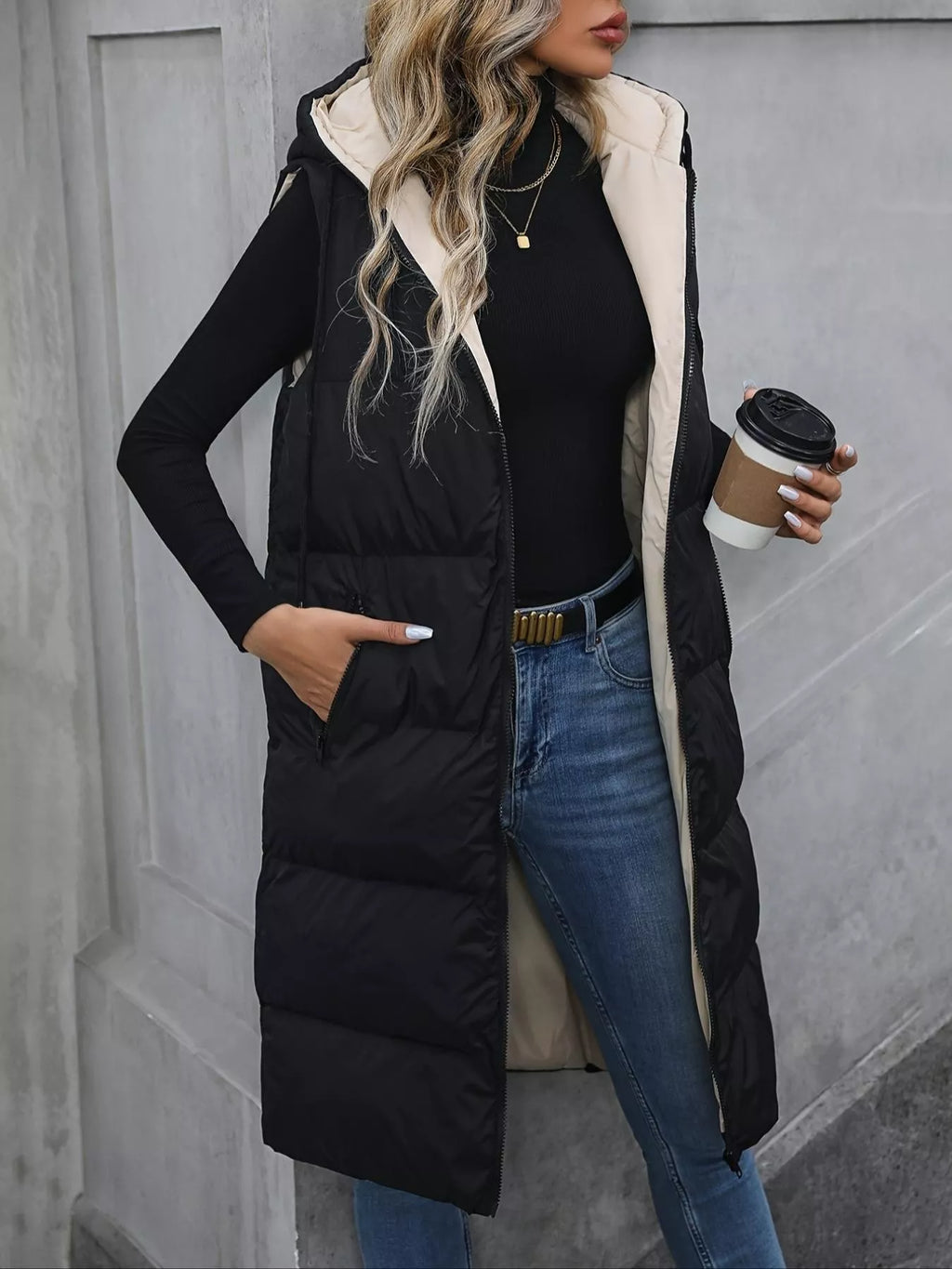Longline Padded Hooded Vest Coat